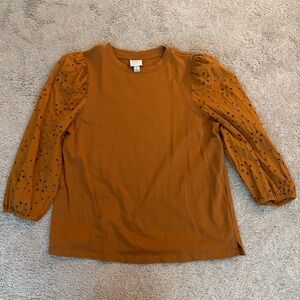 Women's Brown Top with Eyelet Puff Sleeves